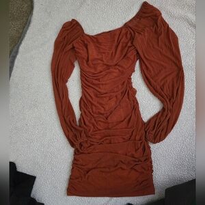 Rust Long-Sleeve Ruched Women’s Dress